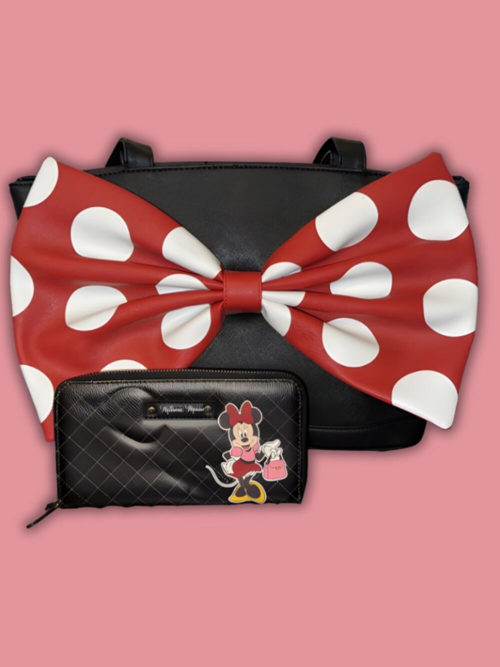 Disney Parks Minnie Mouse Handbag & Wallet Set Black Red Polka Dot Bow